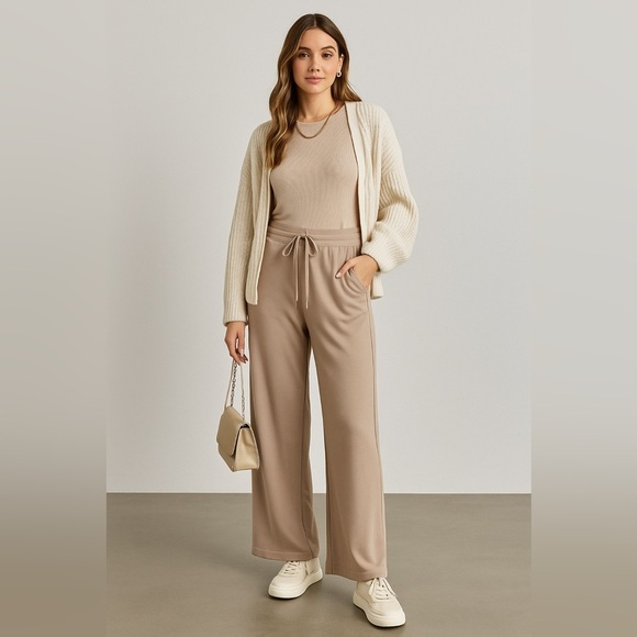 Lillusory Women Beige Elastic Band Drawstring Wide Leg Pants Boho Leisure Sz XL - Picture 1 of 7